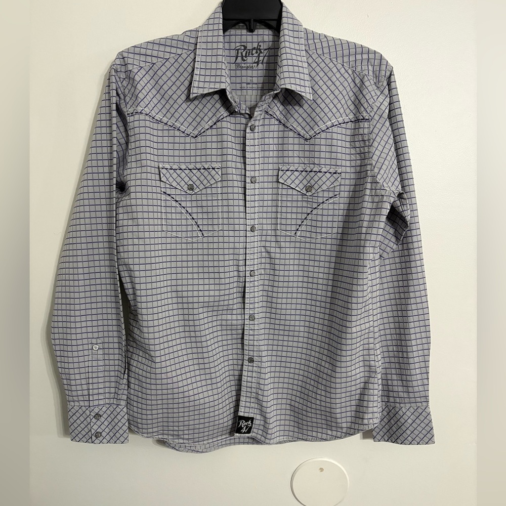 Wrangler Men's Checkered Western  Snap Button Down Shirt - Gray Plaid SIZE XL